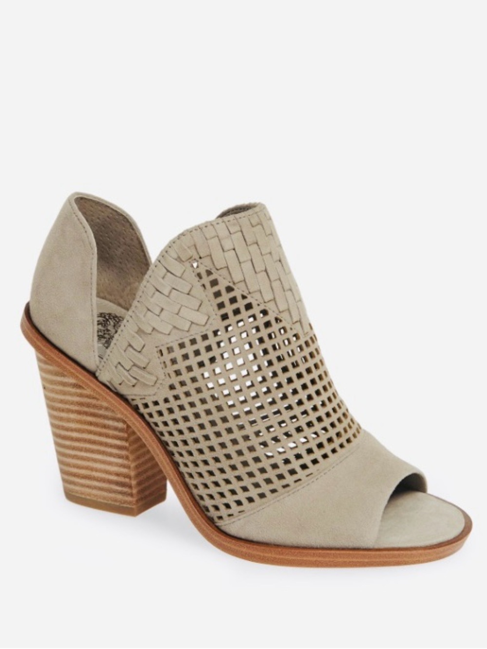 VINCE CAMUTO Suede Peep‑toe Booties Perforated Block Stacked H3” Nude Beige 7.5M